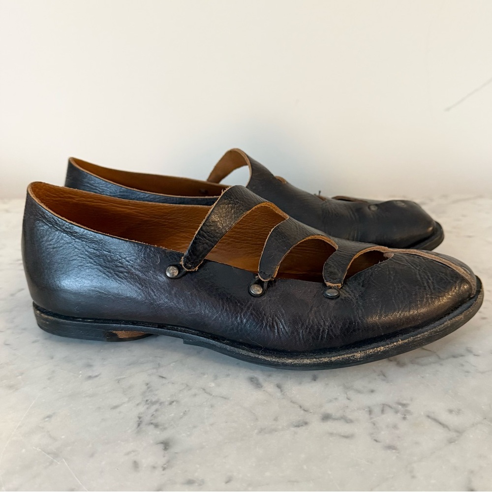 CYDWOQ Bout Asymmetrical Black Leather Mary Jane Flats 39.5 - Picture 3 of 11